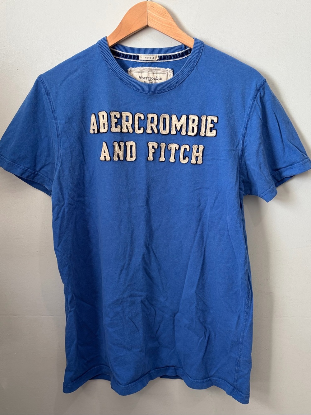 Vintage Abercrombie & Fitch Muscle Fit T-Shirt Blue Applique Logo Mens XL Y2K